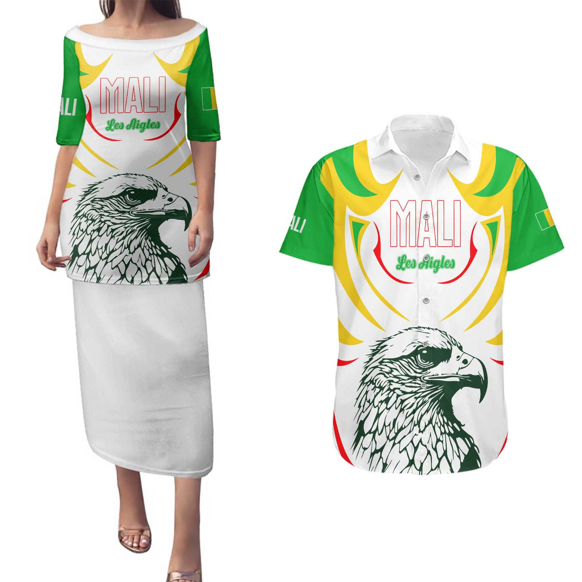 Mali Vulture Couples Matching Puletasi and Hawaiian Shirt Sporty Style with National Flag Colors