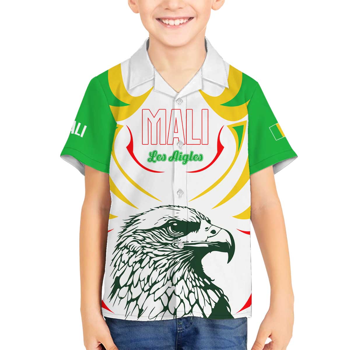 Mali Vulture Family Matching Off The Shoulder Long Sleeve Dress and Hawaiian Shirt Sporty Style with National Flag Colors