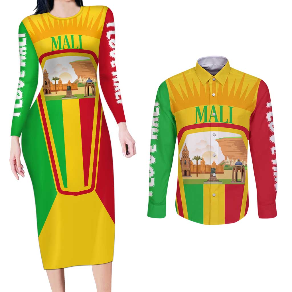 Mali Landmarks Couples Matching Long Sleeve Bodycon Dress and Long Sleeve Button Shirt Cultural Patterns & Famous Tourist Destinations