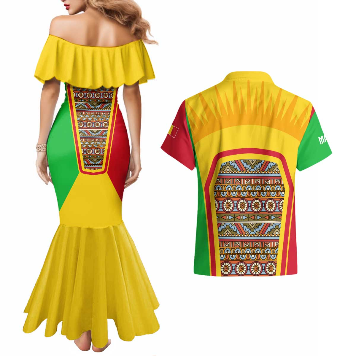 Mali Landmarks Couples Matching Mermaid Dress and Hawaiian Shirt Cultural Patterns & Famous Tourist Destinations