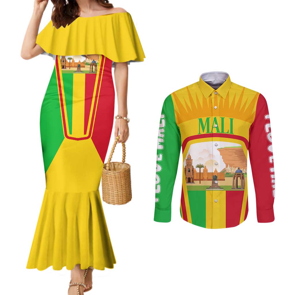 Mali Landmarks Couples Matching Mermaid Dress and Long Sleeve Button Shirt Cultural Patterns & Famous Tourist Destinations