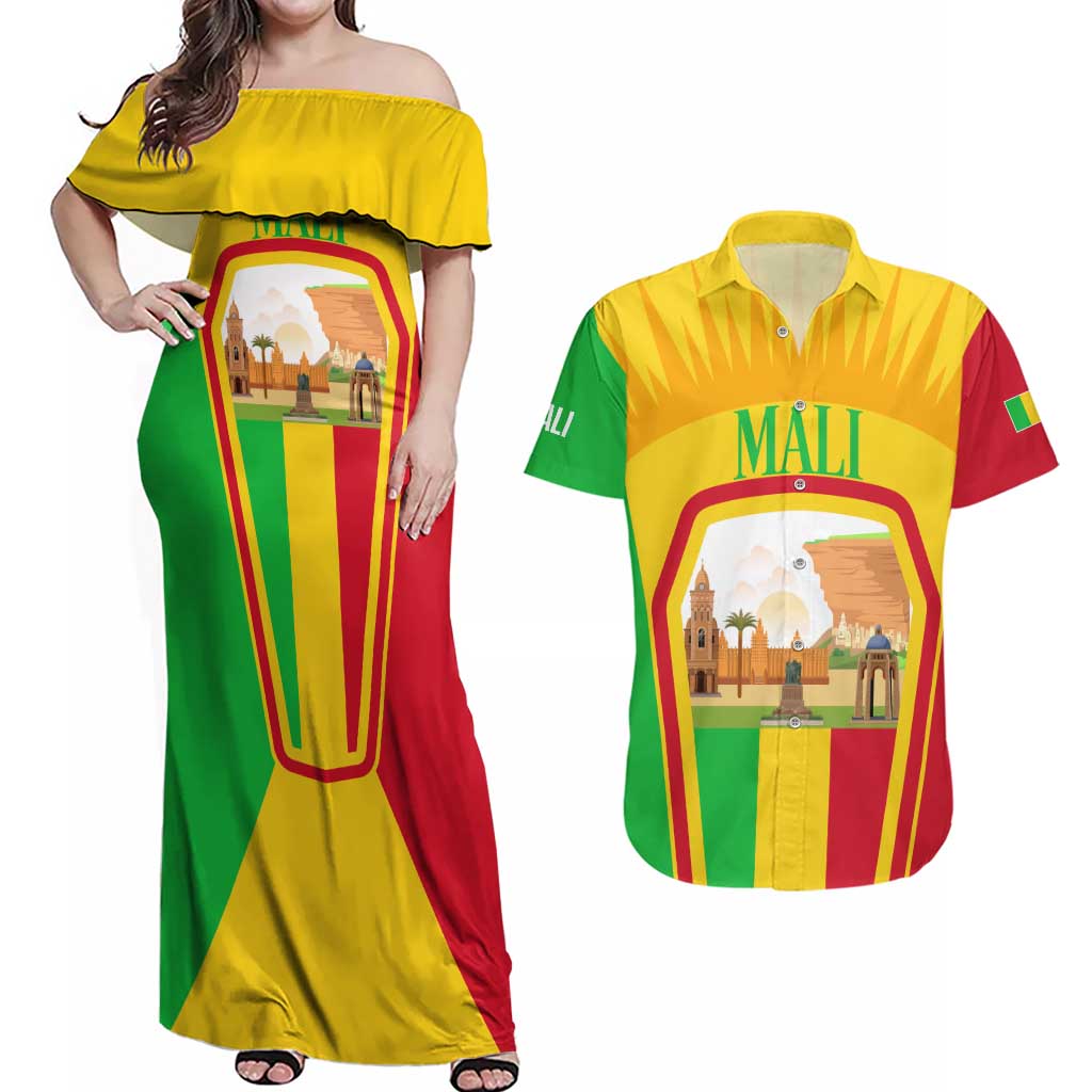 Mali Landmarks Couples Matching Off Shoulder Maxi Dress and Hawaiian Shirt Cultural Patterns & Famous Tourist Destinations