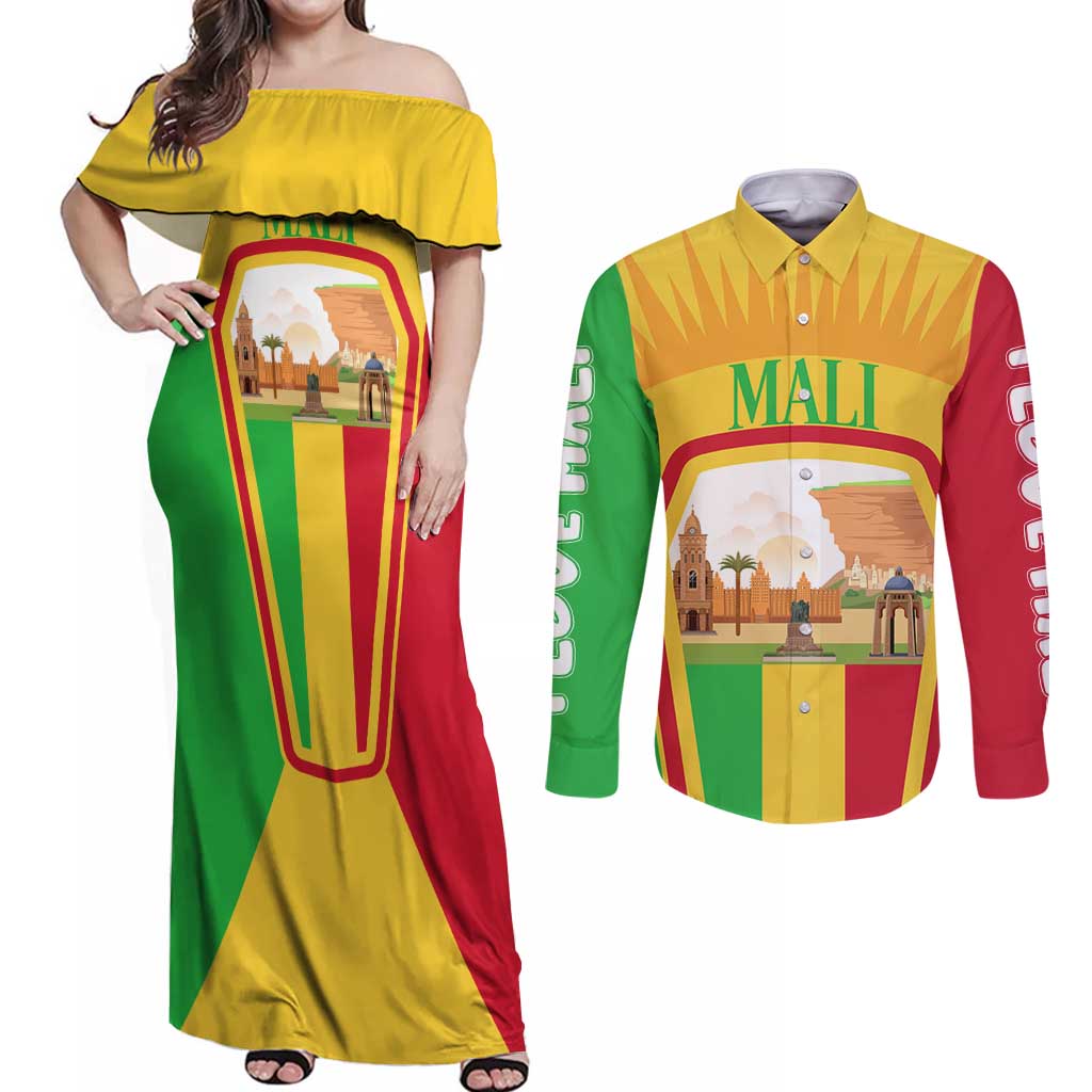 Mali Landmarks Couples Matching Off Shoulder Maxi Dress and Long Sleeve Button Shirt Cultural Patterns & Famous Tourist Destinations