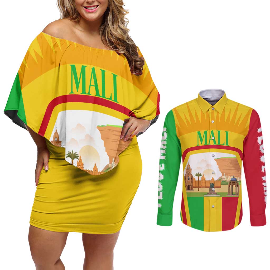 Mali Landmarks Couples Matching Off Shoulder Short Dress and Long Sleeve Button Shirt Cultural Patterns & Famous Tourist Destinations