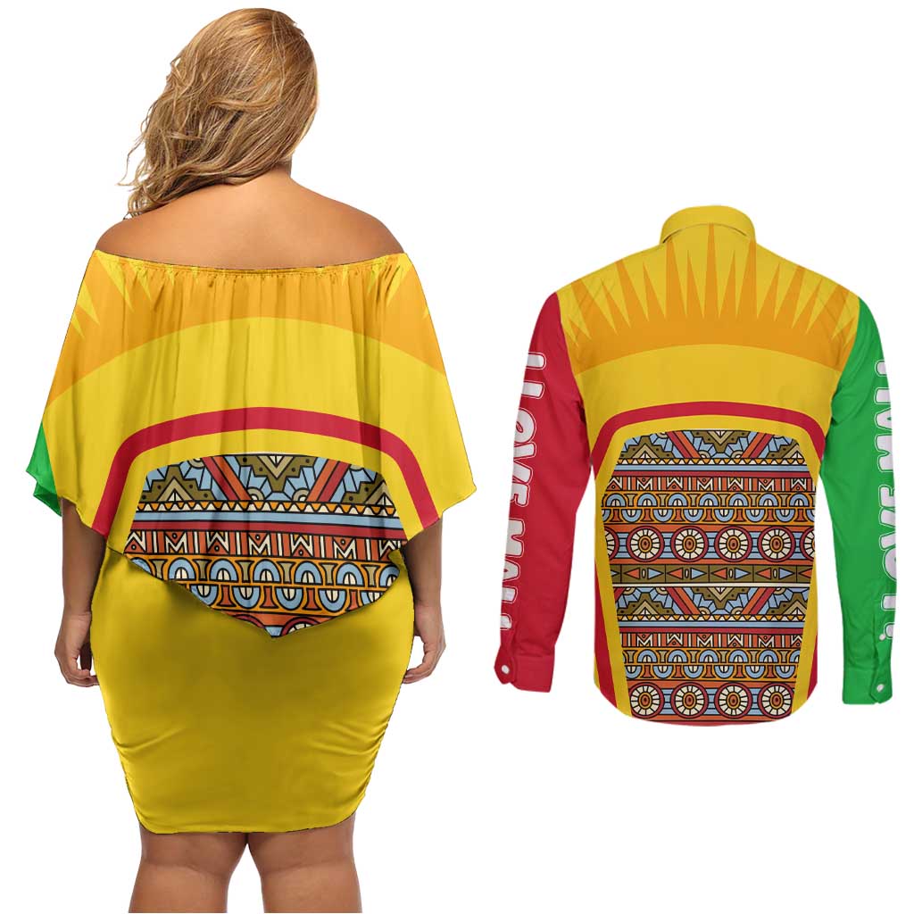Mali Landmarks Couples Matching Off Shoulder Short Dress and Long Sleeve Button Shirt Cultural Patterns & Famous Tourist Destinations