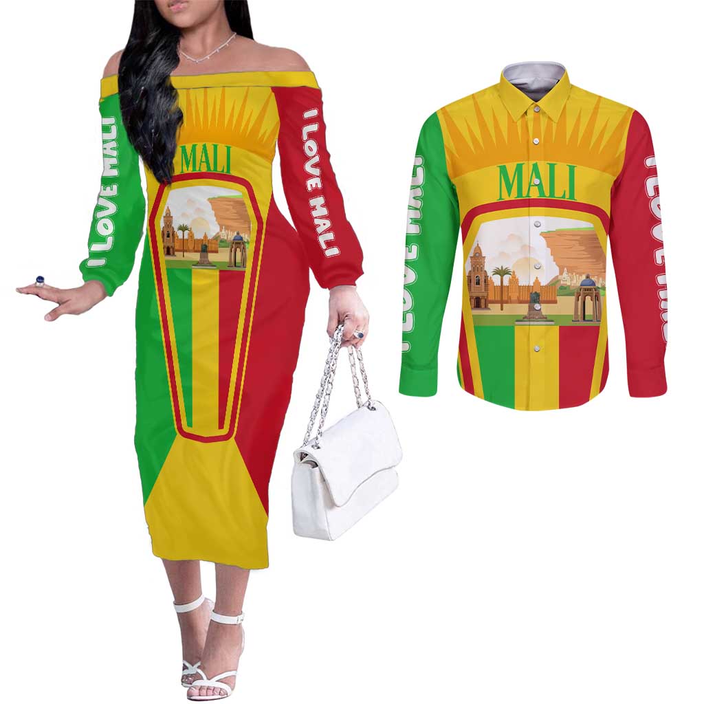 Mali Landmarks Couples Matching Off The Shoulder Long Sleeve Dress and Long Sleeve Button Shirt Cultural Patterns & Famous Tourist Destinations
