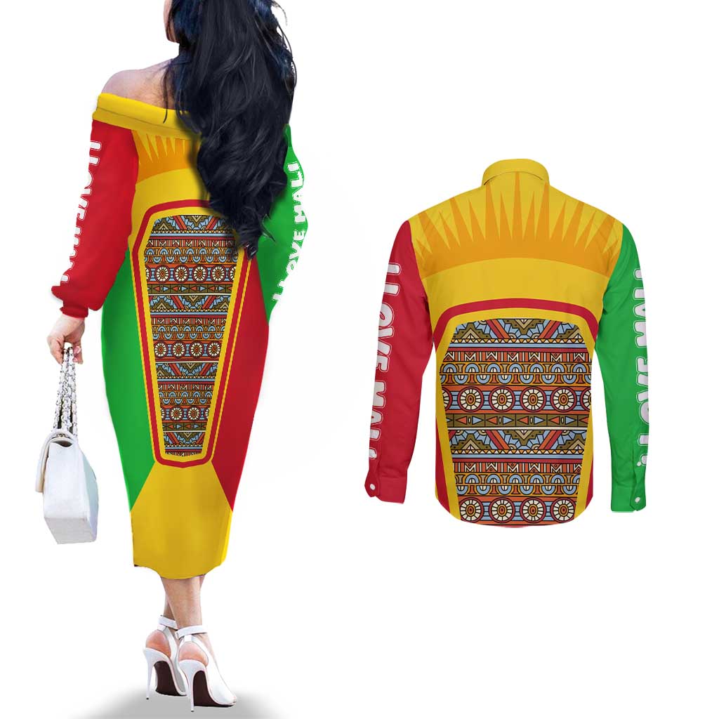 Mali Landmarks Couples Matching Off The Shoulder Long Sleeve Dress and Long Sleeve Button Shirt Cultural Patterns & Famous Tourist Destinations