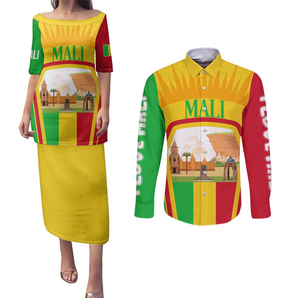 Mali Landmarks Couples Matching Puletasi and Long Sleeve Button Shirt Cultural Patterns & Famous Tourist Destinations