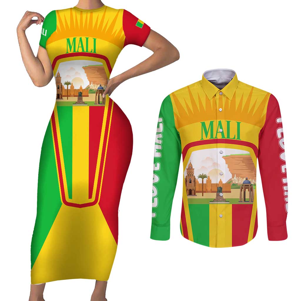 Mali Landmarks Couples Matching Short Sleeve Bodycon Dress and Long Sleeve Button Shirt Cultural Patterns & Famous Tourist Destinations