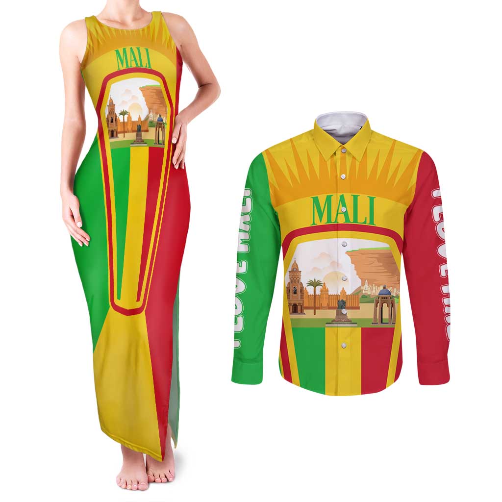 Mali Landmarks Couples Matching Tank Maxi Dress and Long Sleeve Button Shirt Cultural Patterns & Famous Tourist Destinations
