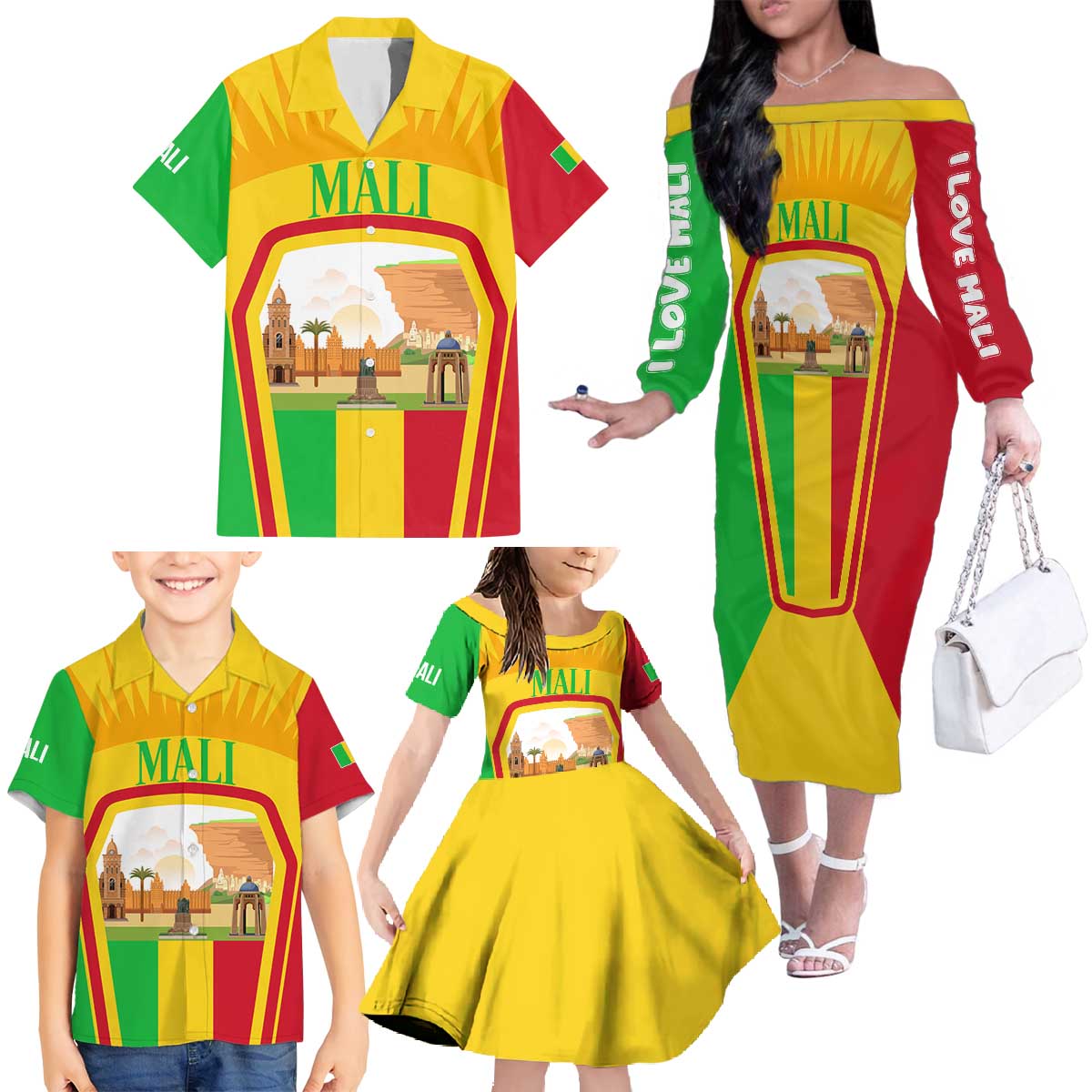 Mali Landmarks Family Matching Off The Shoulder Long Sleeve Dress and Hawaiian Shirt Cultural Patterns & Famous Tourist Destinations