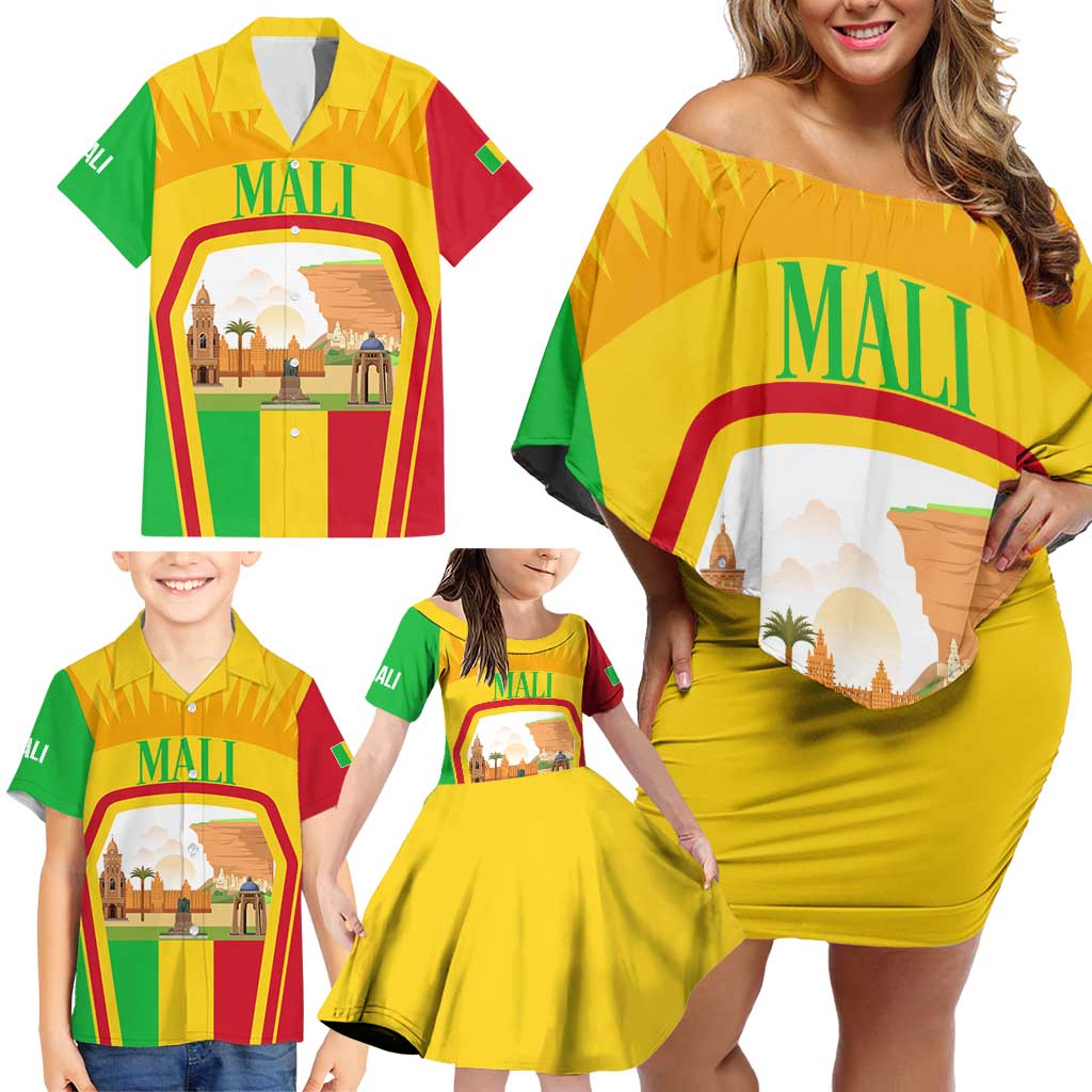 Mali Landmarks Family Matching Off Shoulder Short Dress and Hawaiian Shirt Cultural Patterns & Famous Tourist Destinations