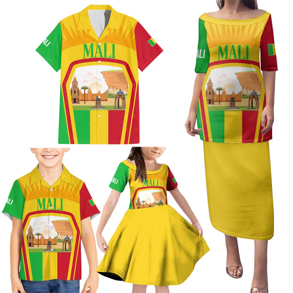 Mali Landmarks Family Matching Puletasi and Hawaiian Shirt Cultural Patterns & Famous Tourist Destinations