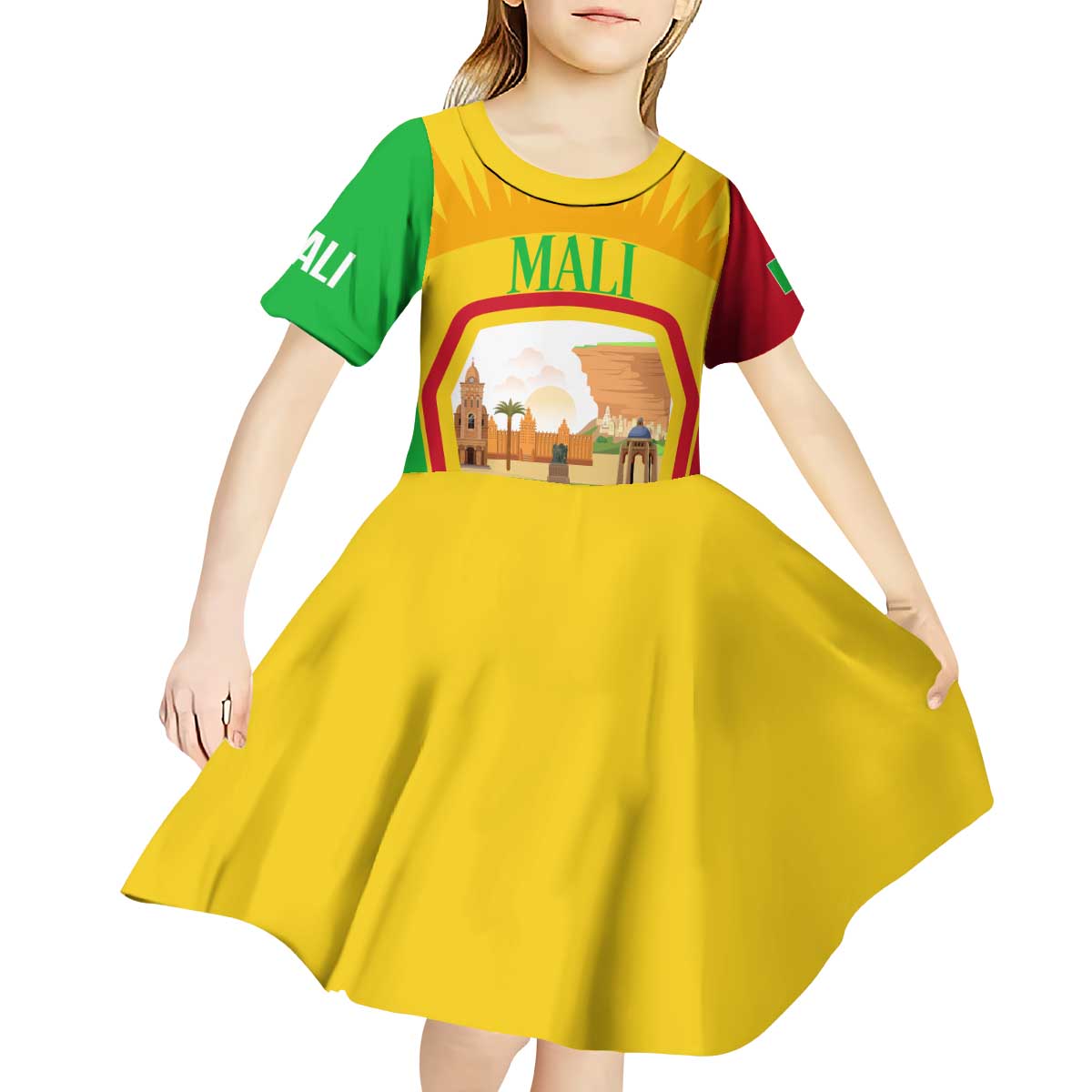 Mali Landmarks Kid Short Sleeve Dress Cultural Patterns & Famous Tourist Destinations