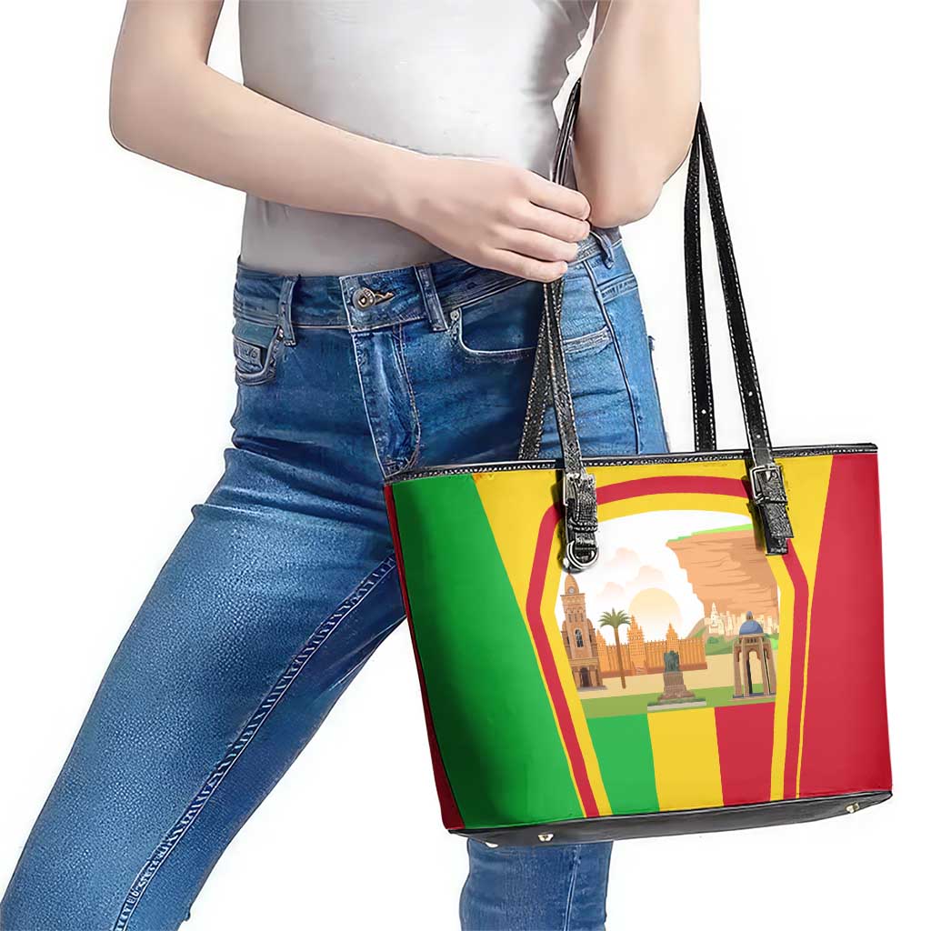 Mali Landmarks Leather Tote Bag Cultural Patterns & Famous Tourist Destinations