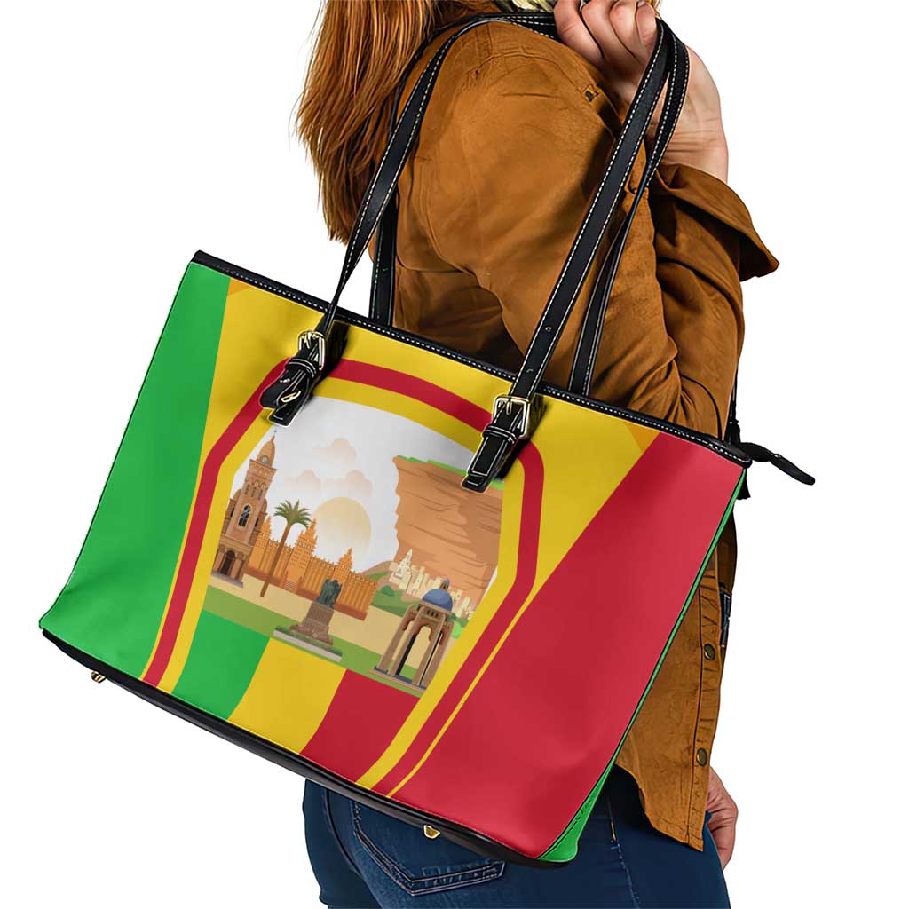 Mali Landmarks Leather Tote Bag Cultural Patterns & Famous Tourist Destinations
