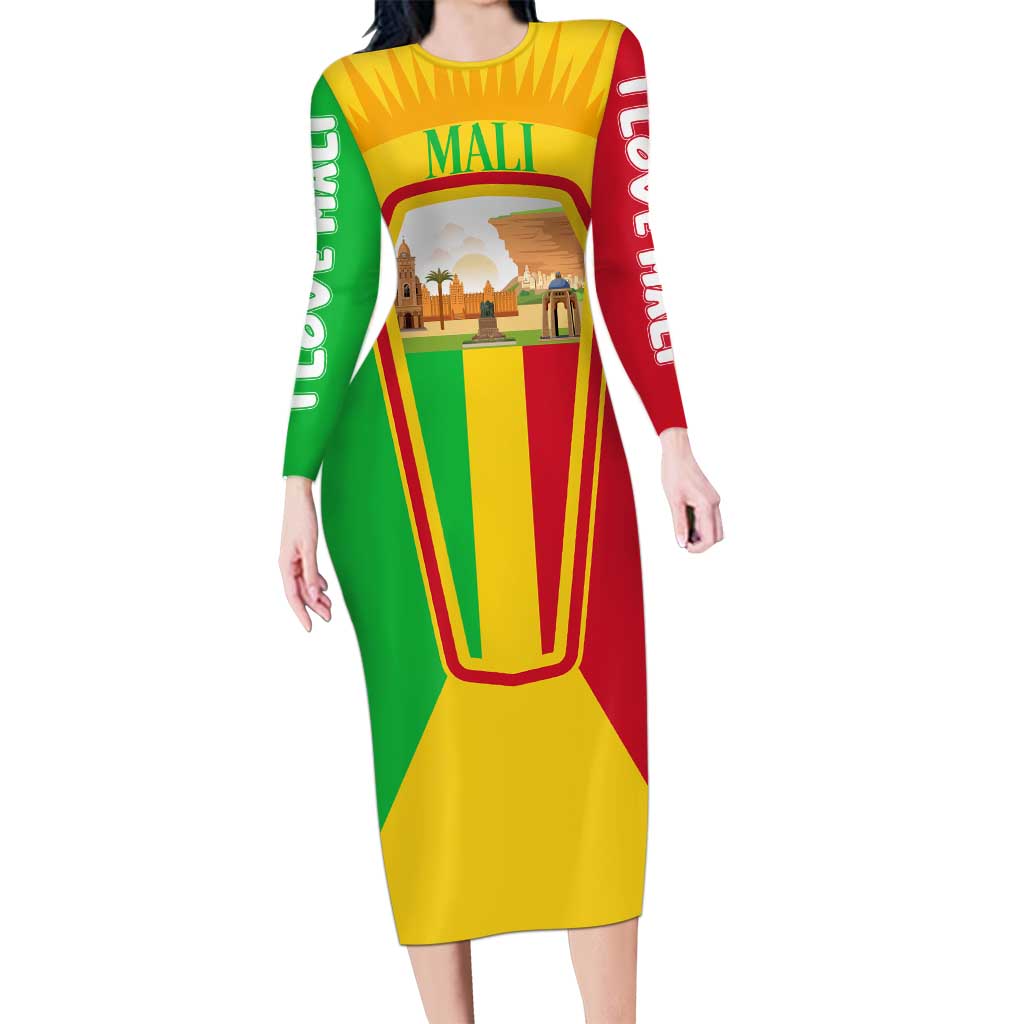 Mali Landmarks Long Sleeve Bodycon Dress Cultural Patterns & Famous Tourist Destinations