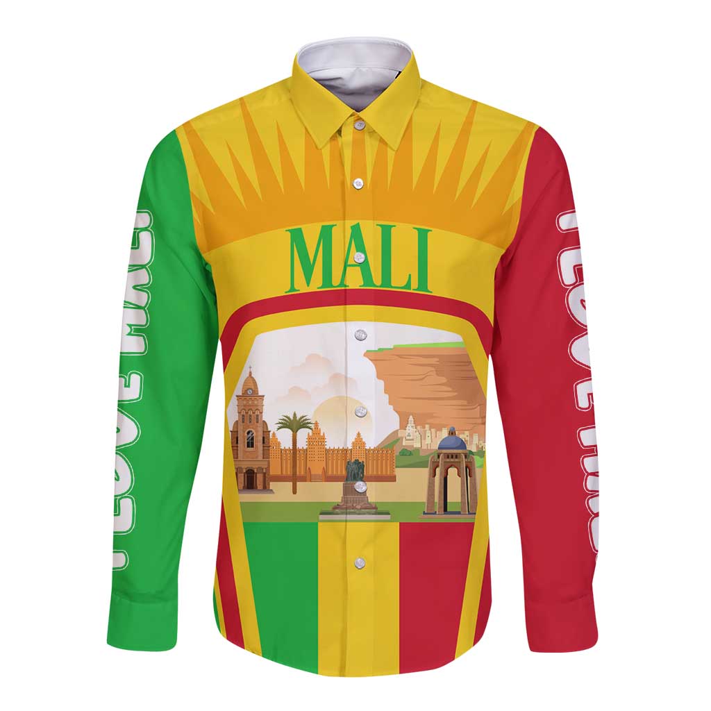 Mali Landmarks Long Sleeve Button Shirt Cultural Patterns & Famous Tourist Destinations