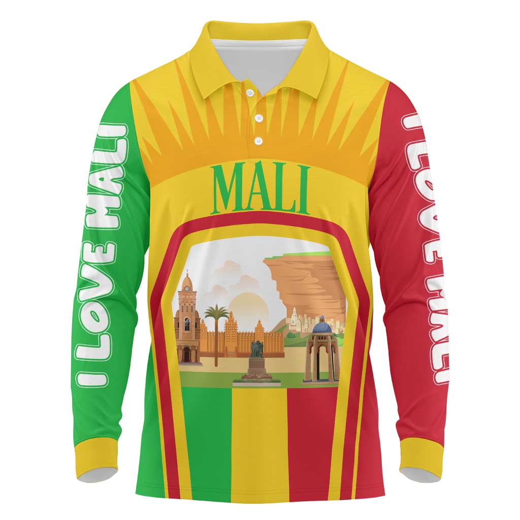 Mali Landmarks Long Sleeve Polo Shirt Cultural Patterns & Famous Tourist Destinations