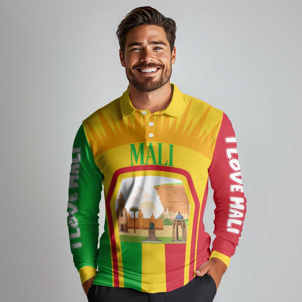 Mali Landmarks Long Sleeve Polo Shirt Cultural Patterns & Famous Tourist Destinations