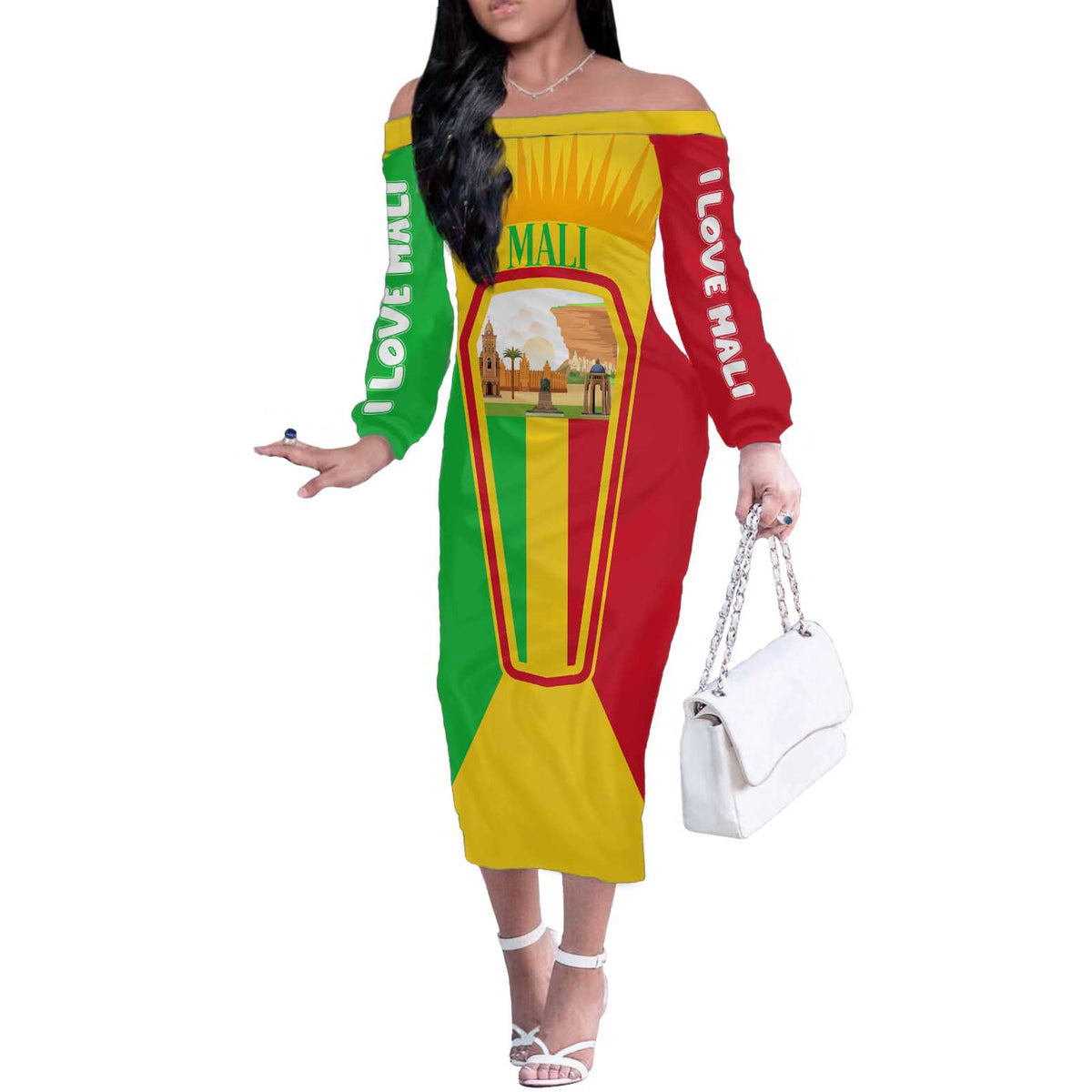 Mali Landmarks Off The Shoulder Long Sleeve Dress Cultural Patterns & Famous Tourist Destinations
