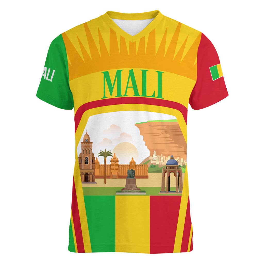 Mali Landmarks Women V-Neck T-Shirt Cultural Patterns & Famous Tourist Destinations