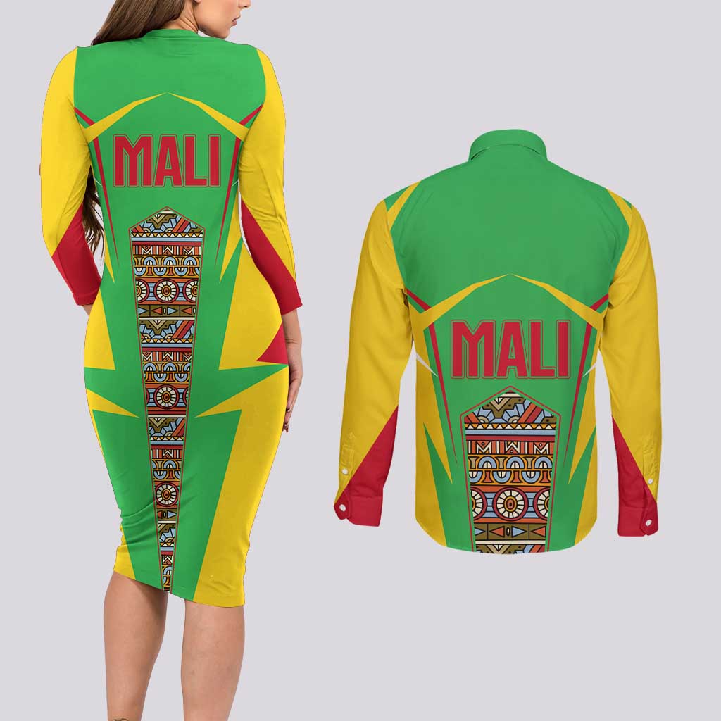 Mali Vulture Couples Matching Long Sleeve Bodycon Dress and Long Sleeve Button Shirt National Emblem Details & Traditional Patterns