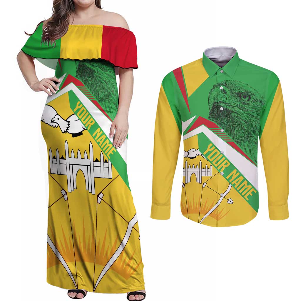 Mali Vulture Couples Matching Off Shoulder Maxi Dress and Long Sleeve Button Shirt National Emblem Details & Traditional Patterns