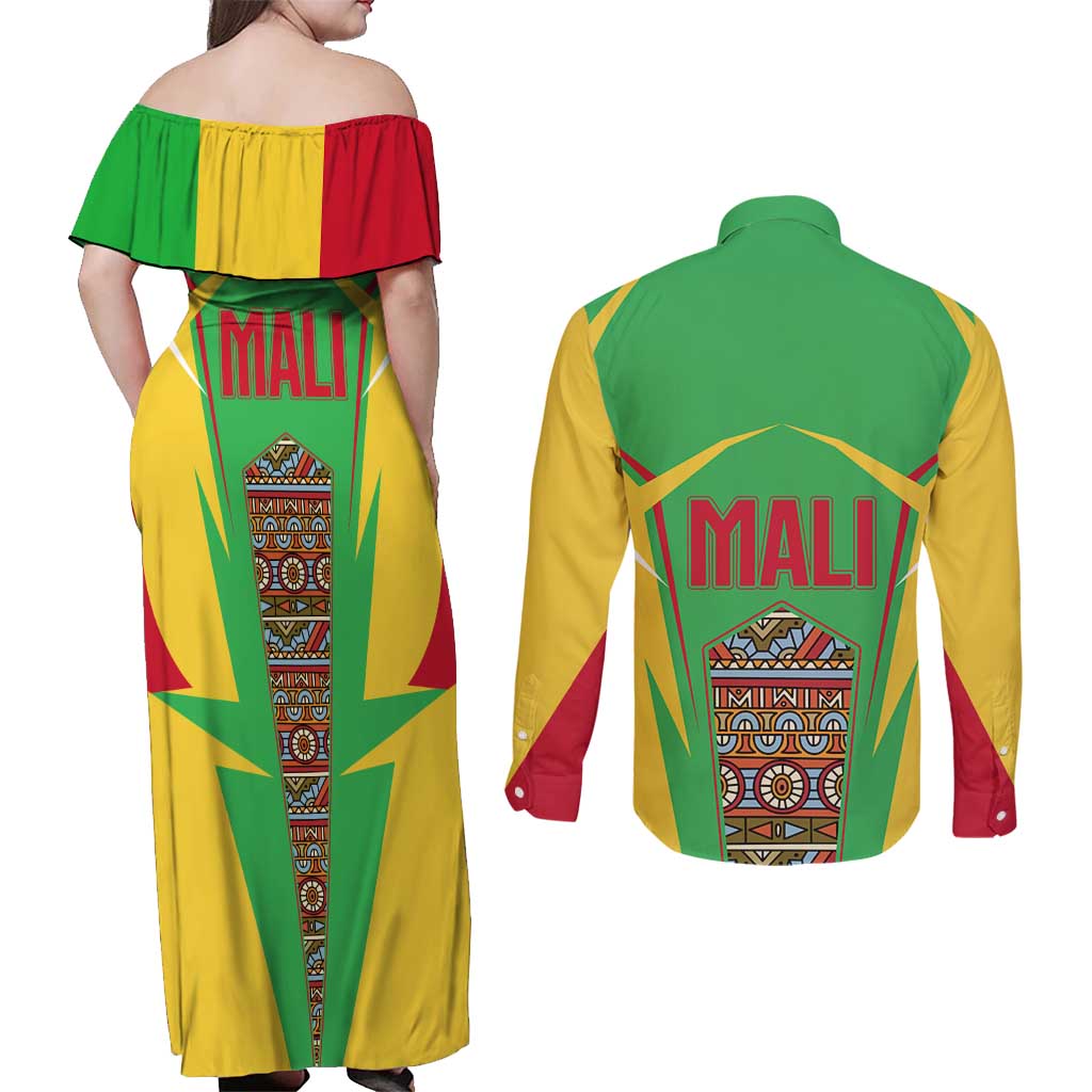 Mali Vulture Couples Matching Off Shoulder Maxi Dress and Long Sleeve Button Shirt National Emblem Details & Traditional Patterns
