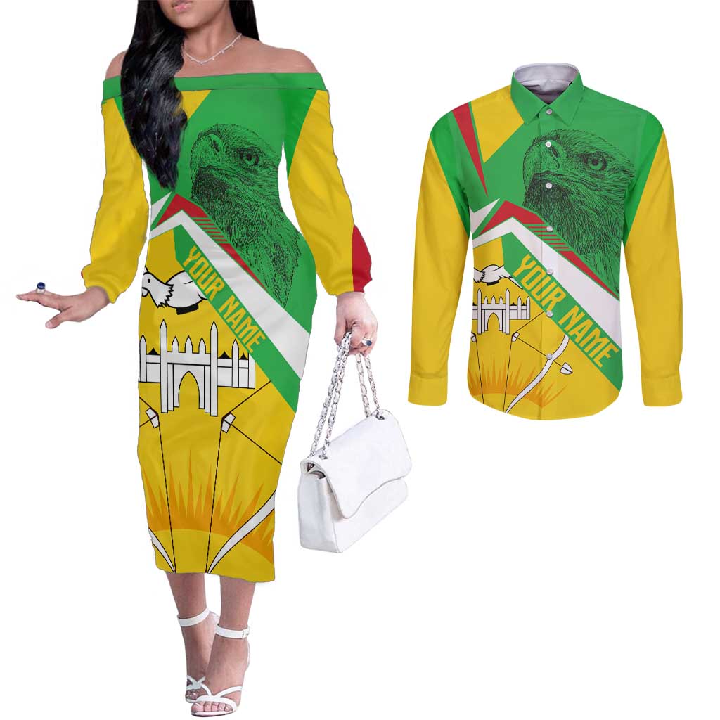 Mali Vulture Couples Matching Off The Shoulder Long Sleeve Dress and Long Sleeve Button Shirt National Emblem Details & Traditional Patterns