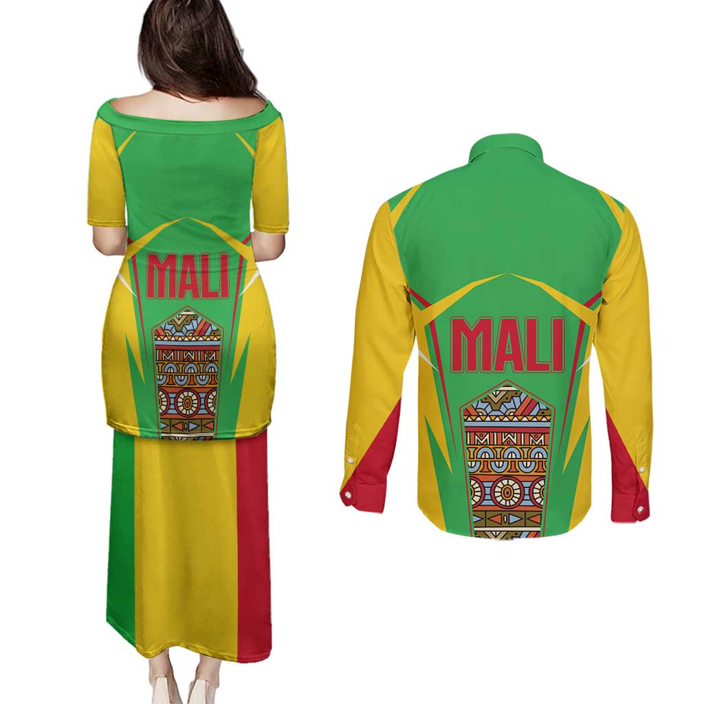 Mali Vulture Couples Matching Puletasi and Long Sleeve Button Shirt National Emblem Details & Traditional Patterns