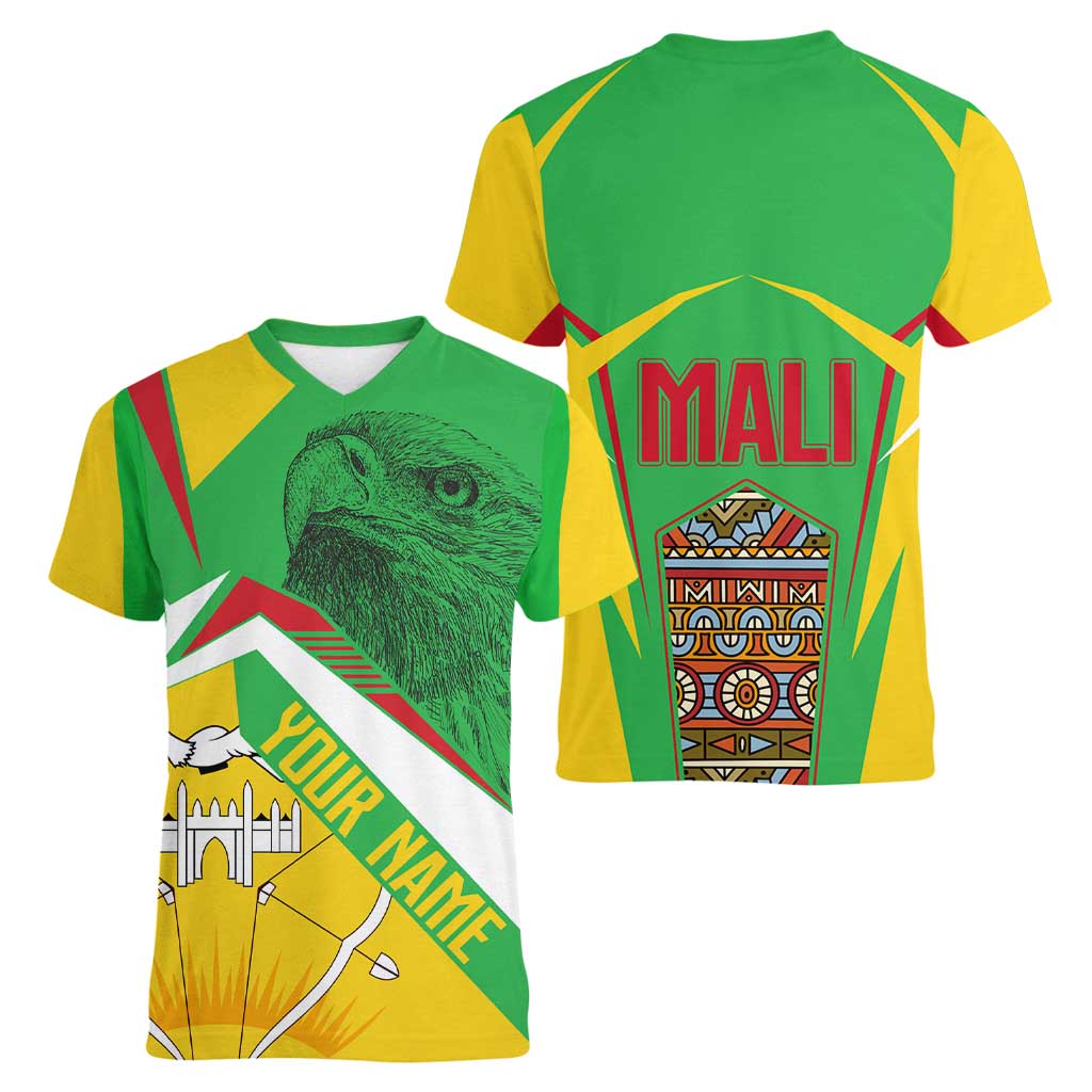 Mali Vulture Women V-Neck T-Shirt National Emblem Details & Traditional Patterns