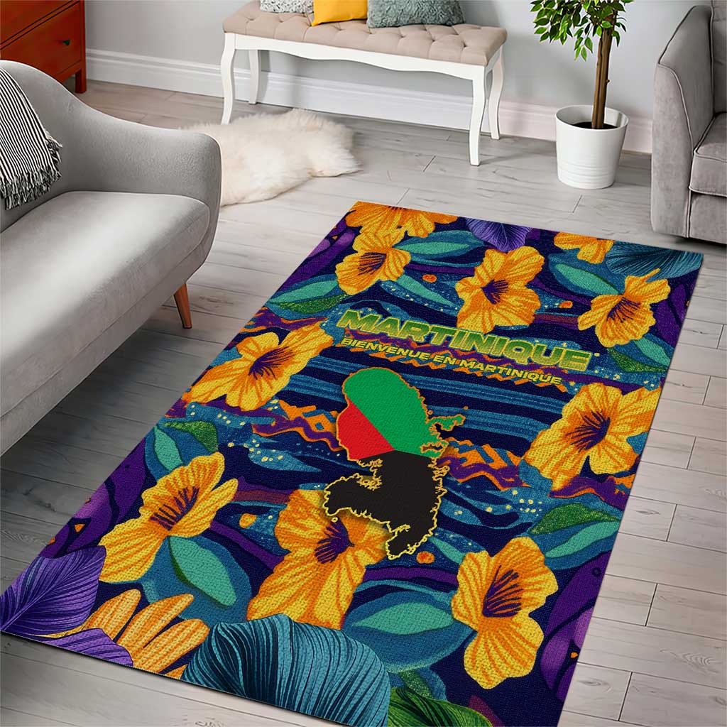 Martinique Map and Hibiscus Area Rug Island Silhouette with Tribal Stripe Accents