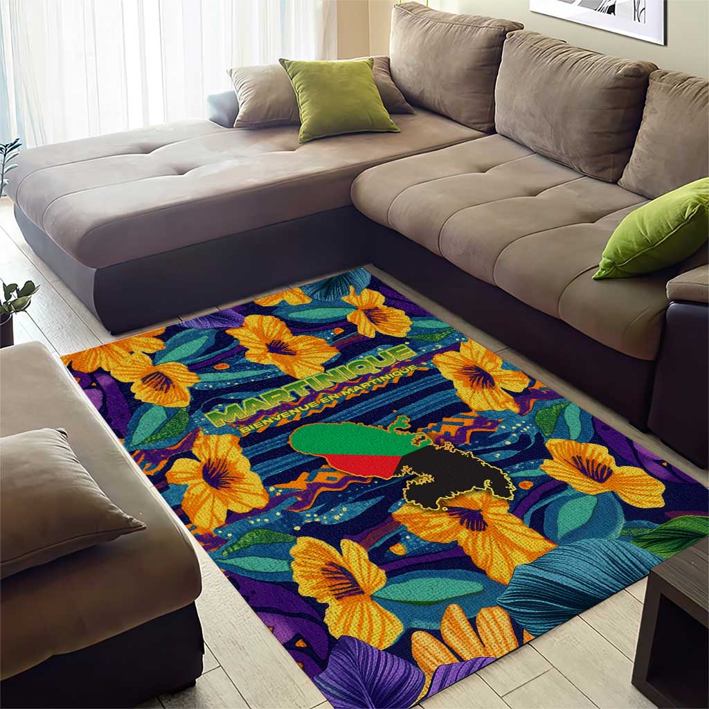 Martinique Map and Hibiscus Area Rug Island Silhouette with Tribal Stripe Accents