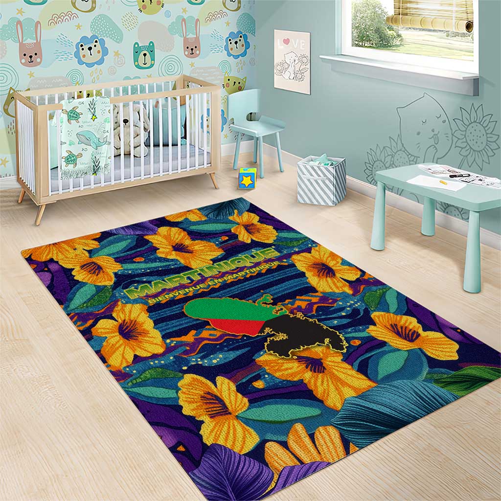 Martinique Map and Hibiscus Area Rug Island Silhouette with Tribal Stripe Accents
