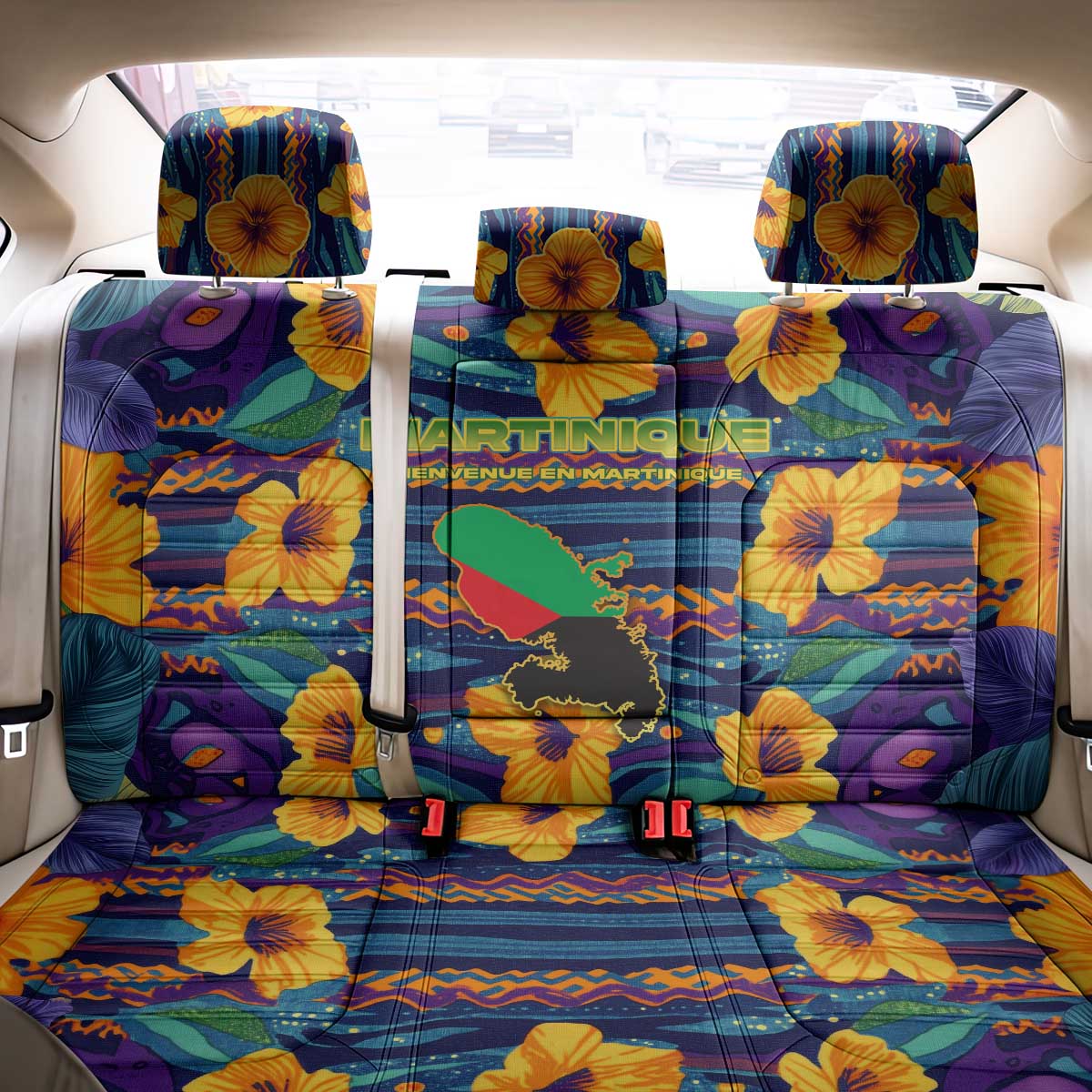 Martinique Map and Hibiscus Back Car Seat Cover Island Silhouette with Tribal Stripe Accents