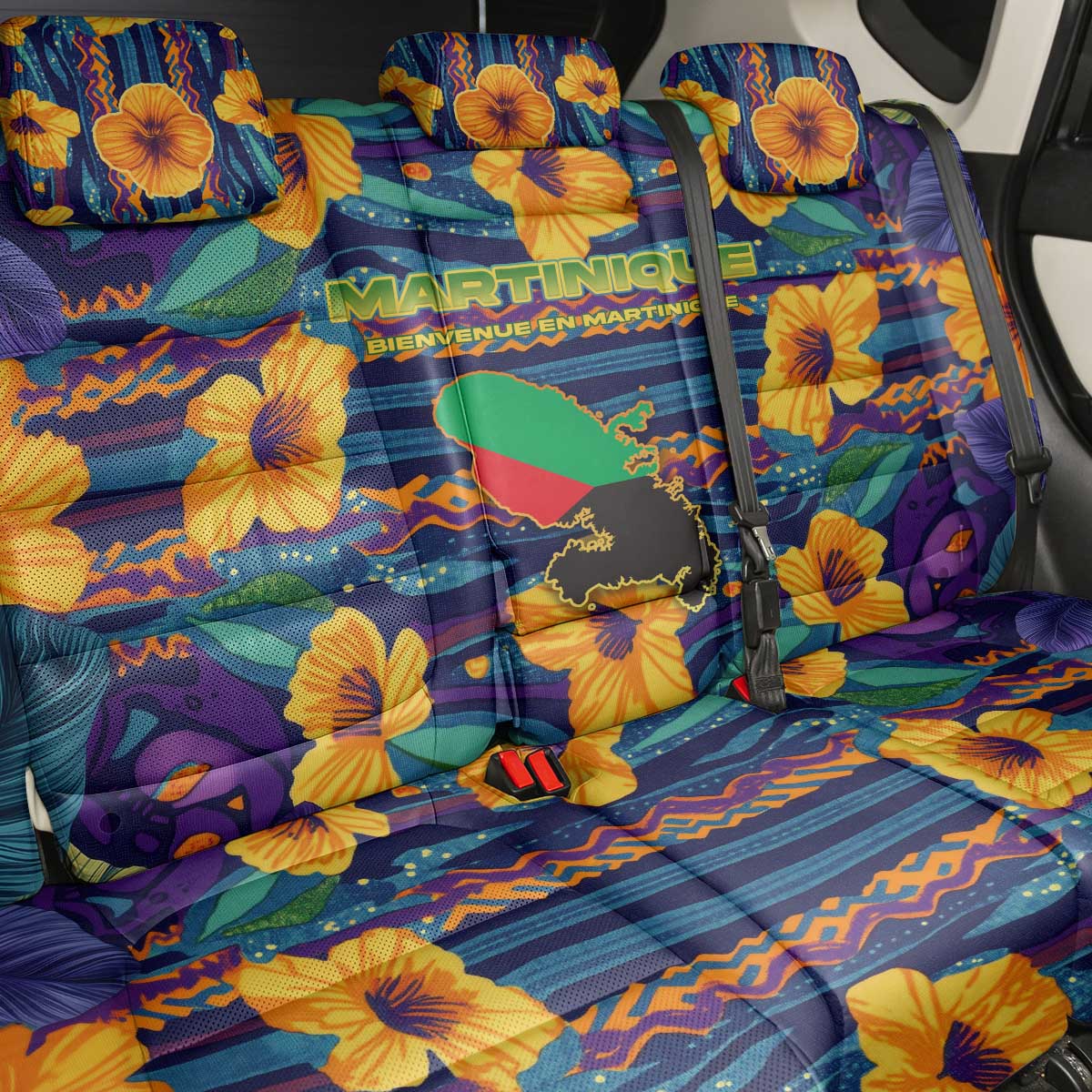 Martinique Map and Hibiscus Back Car Seat Cover Island Silhouette with Tribal Stripe Accents