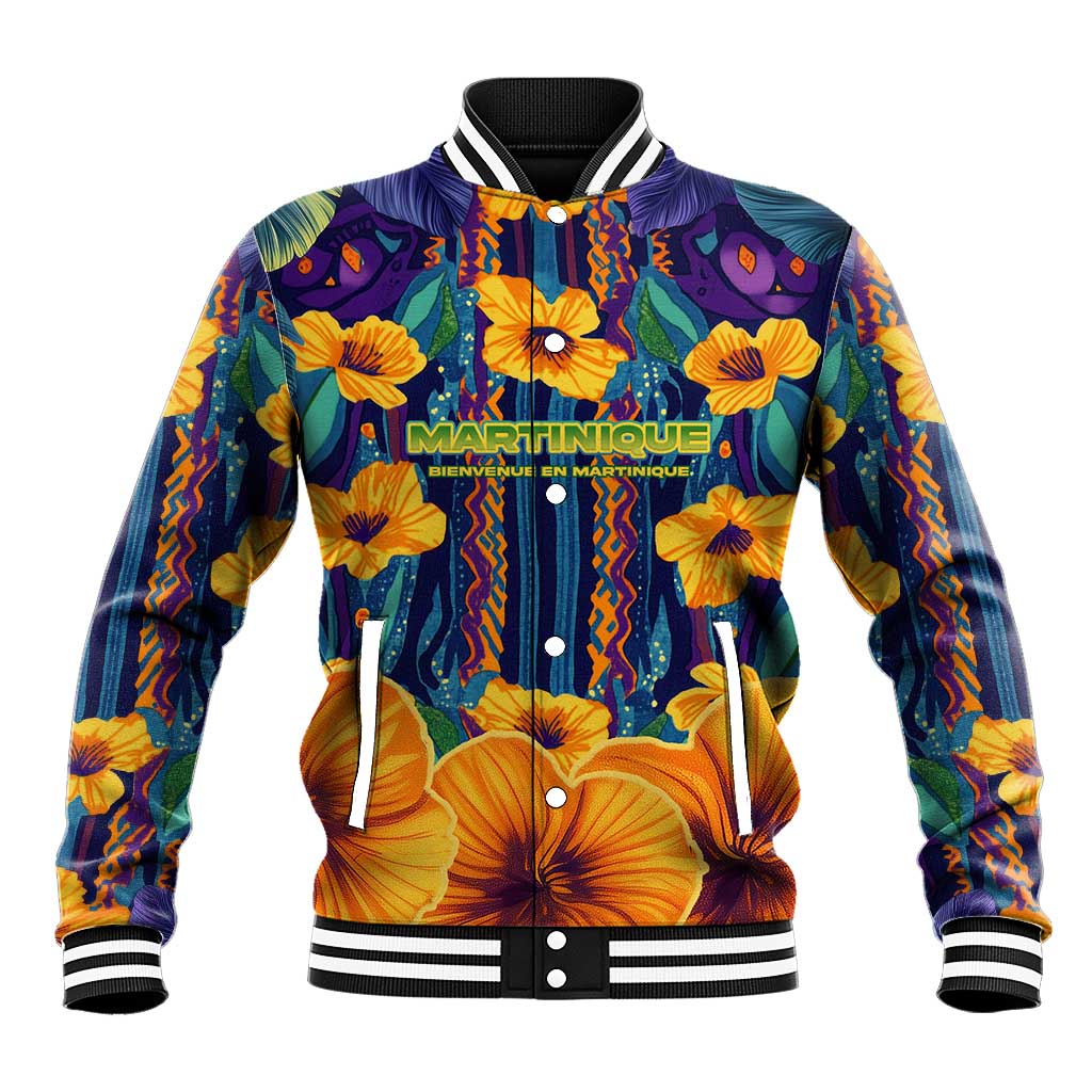 Martinique Map and Hibiscus Baseball Jacket Island Silhouette with Tribal Stripe Accents