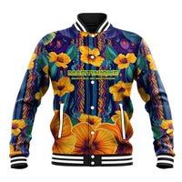Martinique Map and Hibiscus Baseball Jacket Island Silhouette with Tribal Stripe Accents