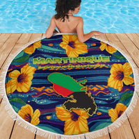 Martinique Map and Hibiscus Beach Blanket Island Silhouette with Tribal Stripe Accents