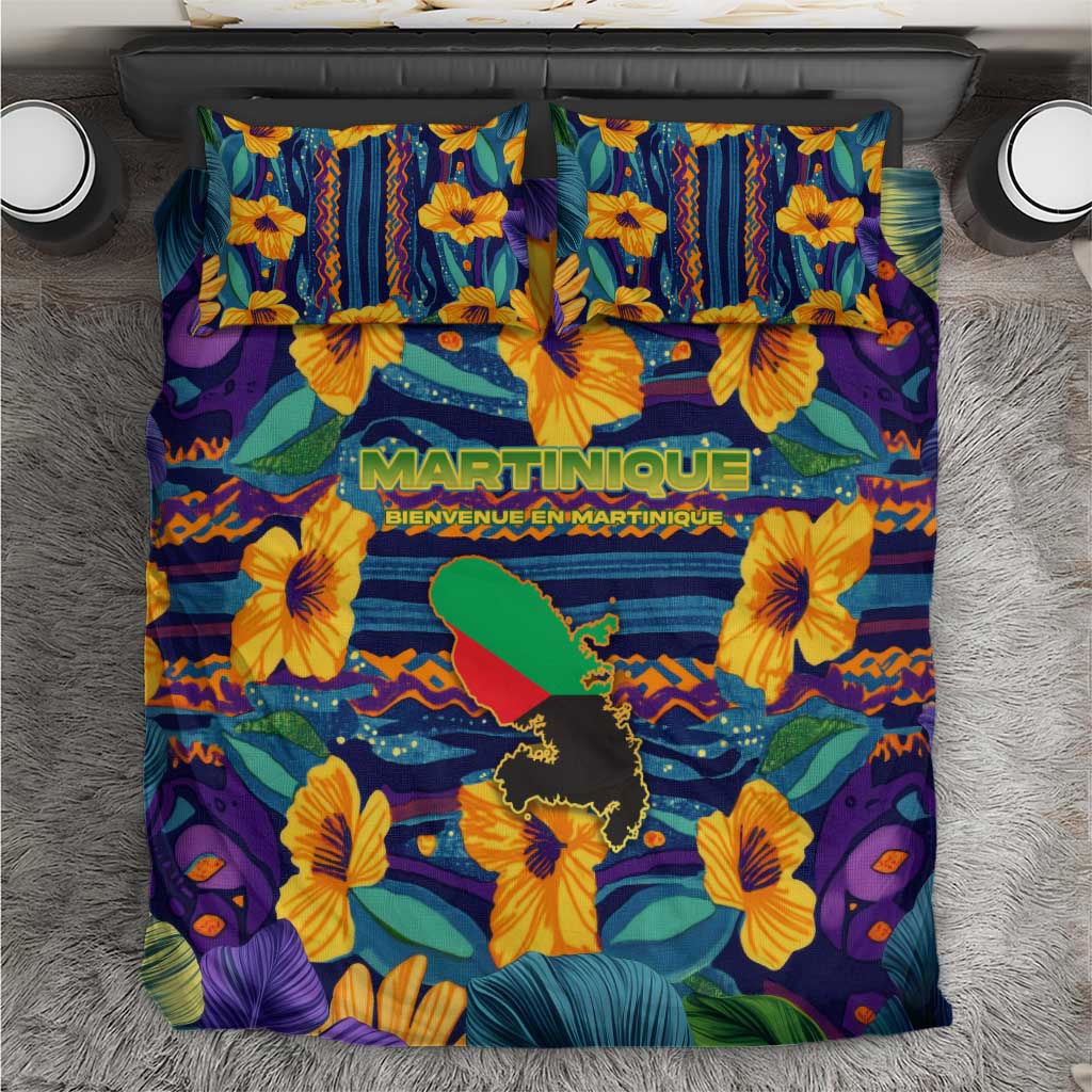 Martinique Map and Hibiscus Bedding Set Island Silhouette with Tribal Stripe Accents