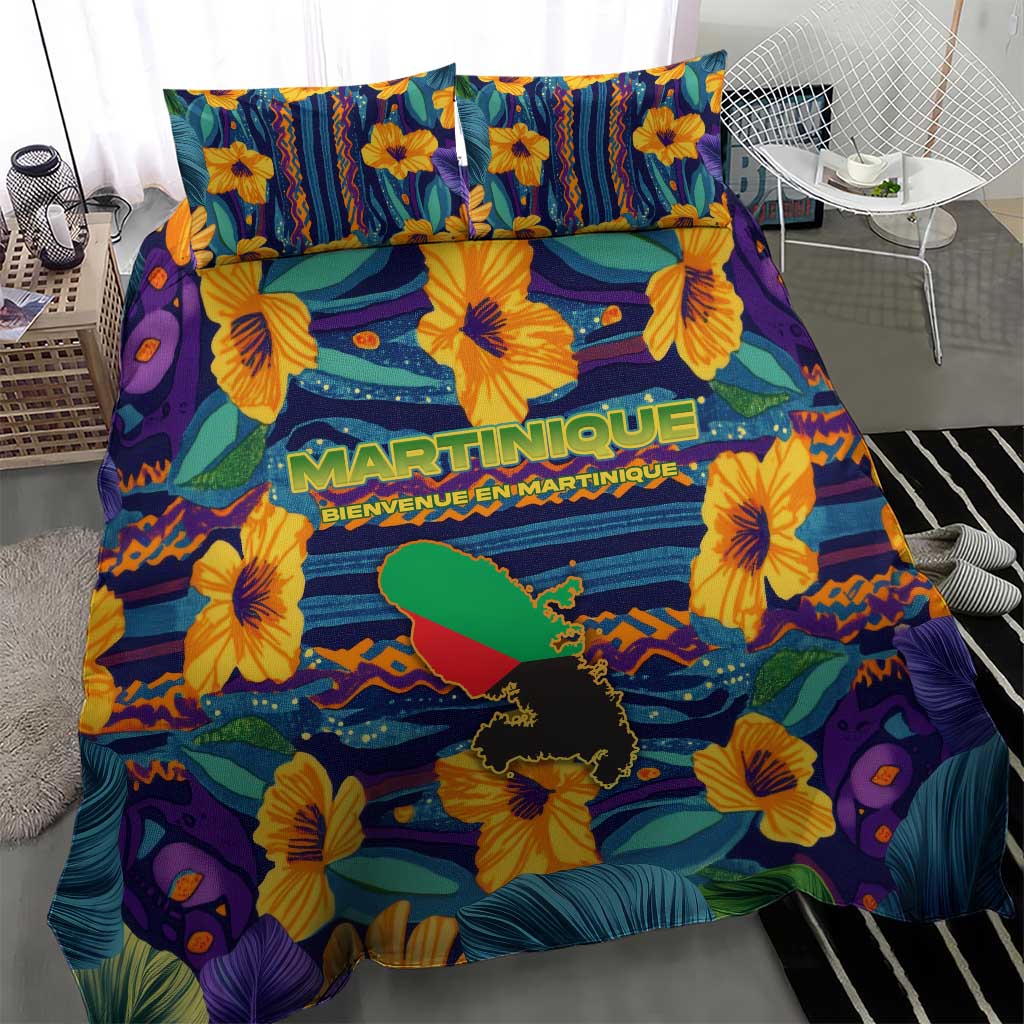 Martinique Map and Hibiscus Bedding Set Island Silhouette with Tribal Stripe Accents