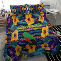 Martinique Map and Hibiscus Bedding Set Island Silhouette with Tribal Stripe Accents