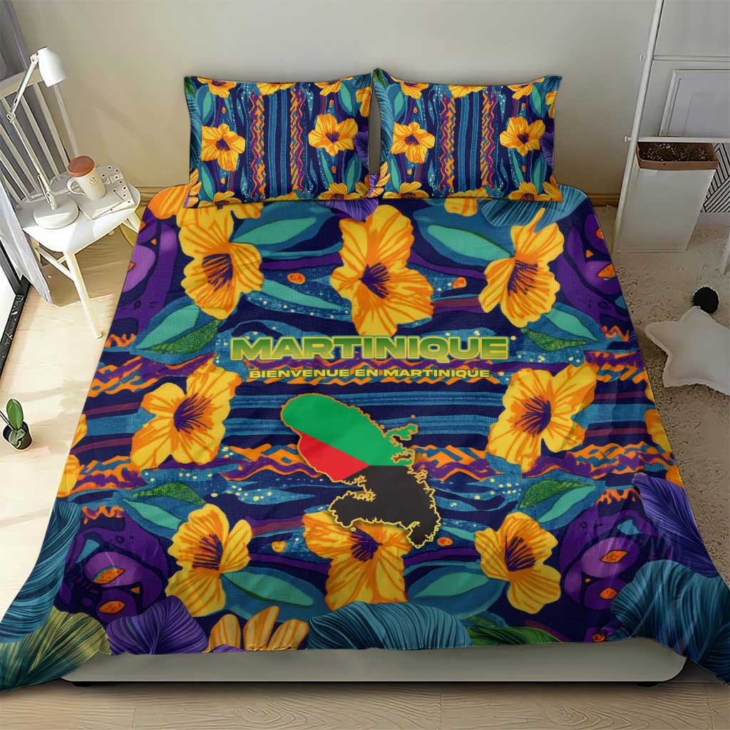 Martinique Map and Hibiscus Bedding Set Island Silhouette with Tribal Stripe Accents