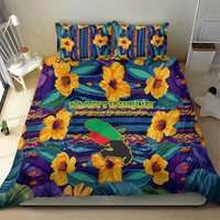 Martinique Map and Hibiscus Bedding Set Island Silhouette with Tribal Stripe Accents