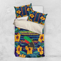 Martinique Map and Hibiscus Bedding Set Island Silhouette with Tribal Stripe Accents
