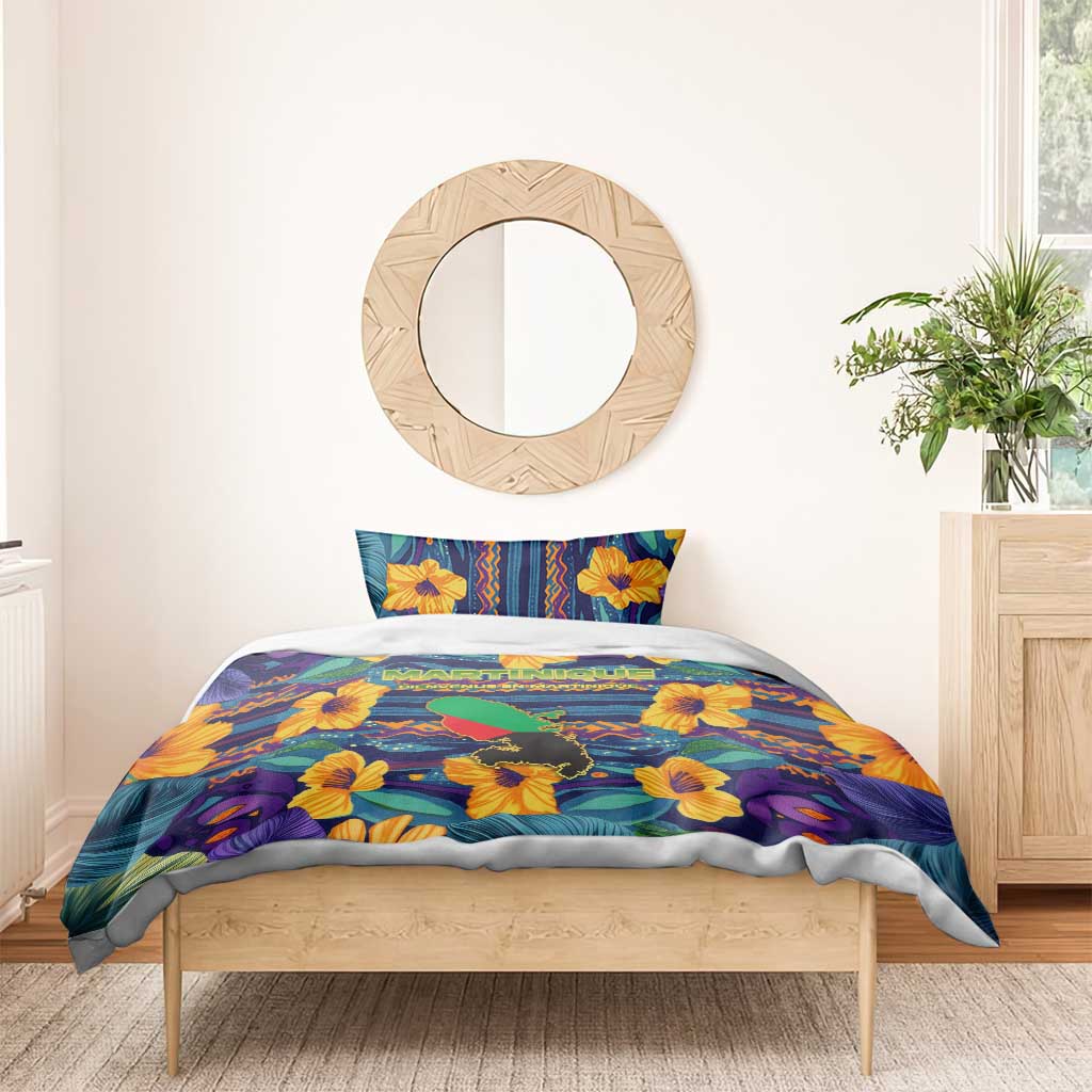 Martinique Map and Hibiscus Bedding Set Island Silhouette with Tribal Stripe Accents