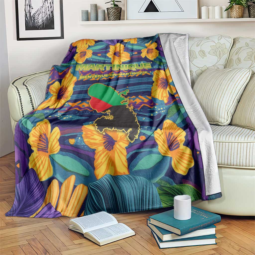 Martinique Map and Hibiscus Blanket Island Silhouette with Tribal Stripe Accents