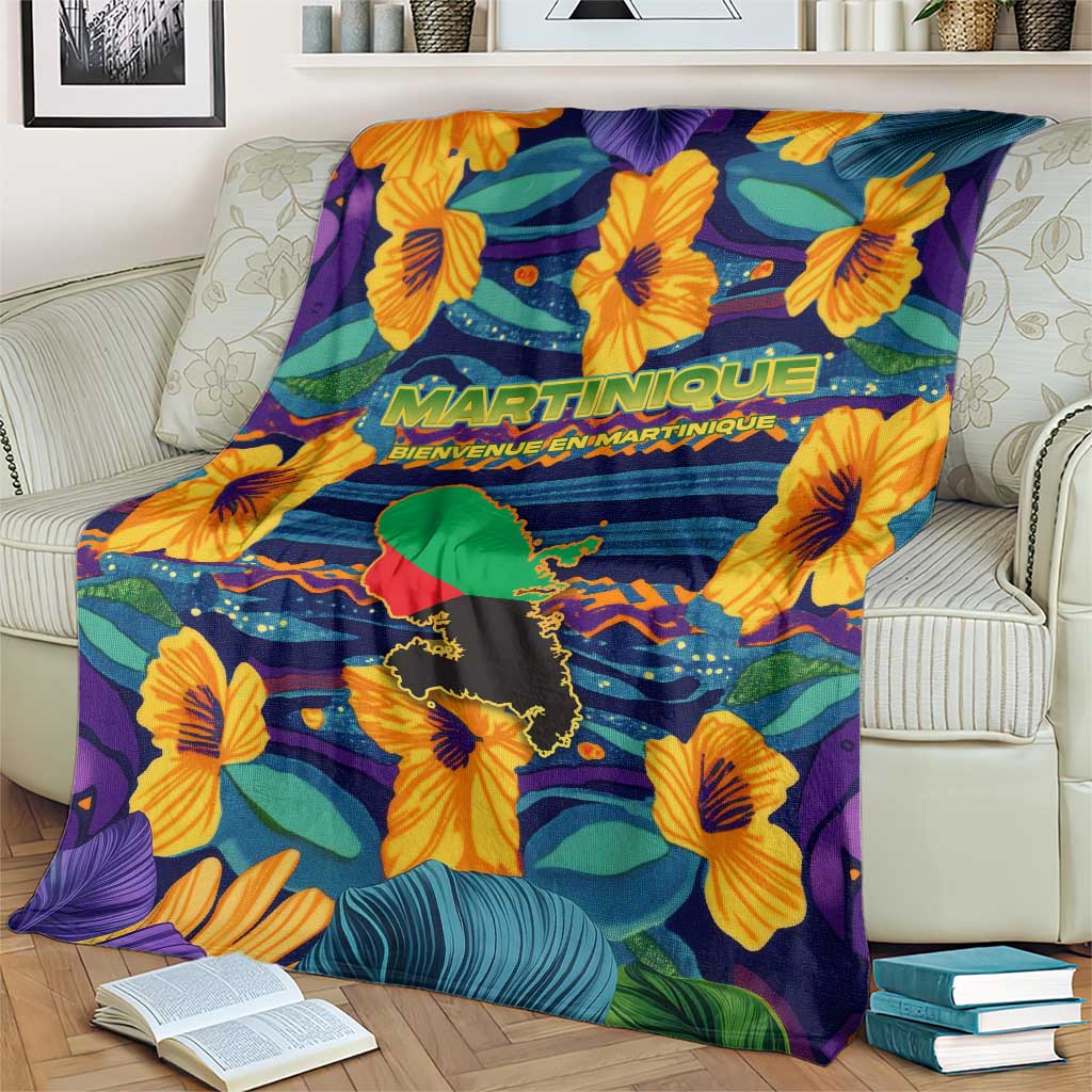 Martinique Map and Hibiscus Blanket Island Silhouette with Tribal Stripe Accents