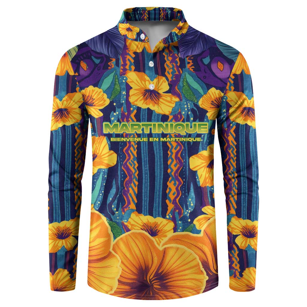 Martinique Map and Hibiscus Button Sweatshirt Island Silhouette with Tribal Stripe Accents